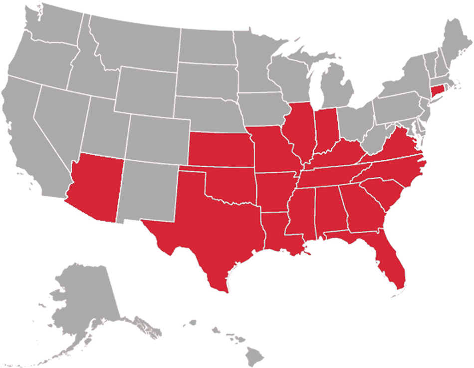 Mid-Western Commercial Roofers service area map — 19+ states across the South and Midwest
