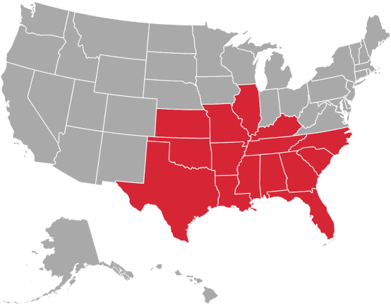 Mid-Western Commercial Roofers service area map — 19+ states across the South and Midwest